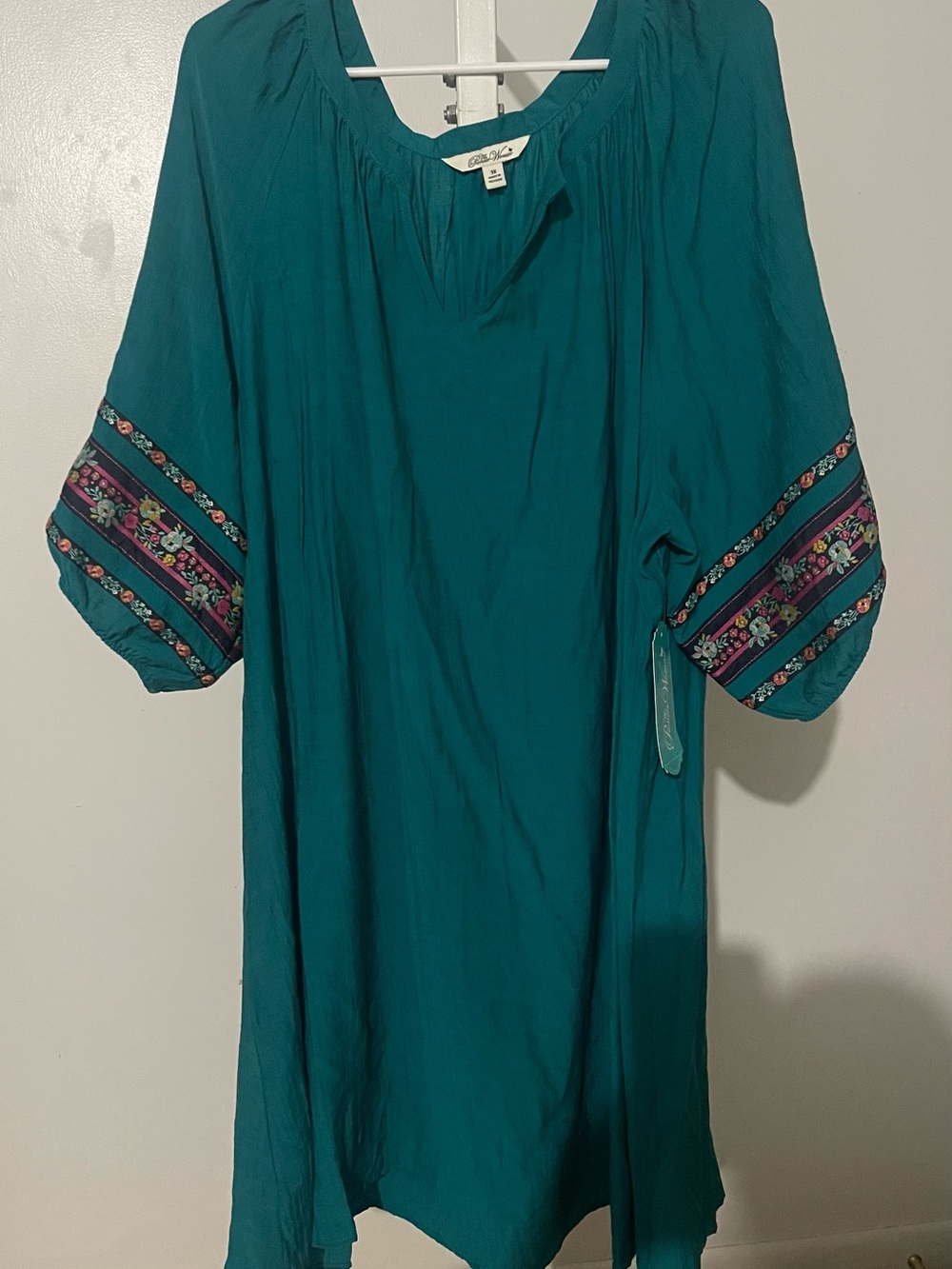 The Pioneer Woman Teal Peasant Tunic with Embroidered Sleeve Bands